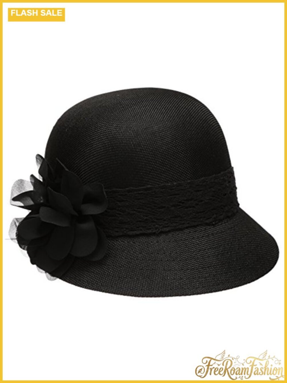 Linen Cloche Sun Hat with Lace Band & Floral Accent Adjustable Fit